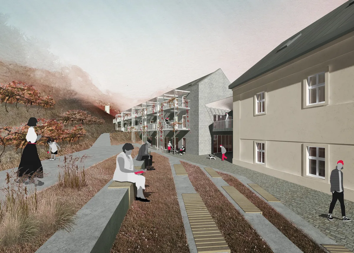 seniorské centrum Šatovka — vizualizace 03, pavlač